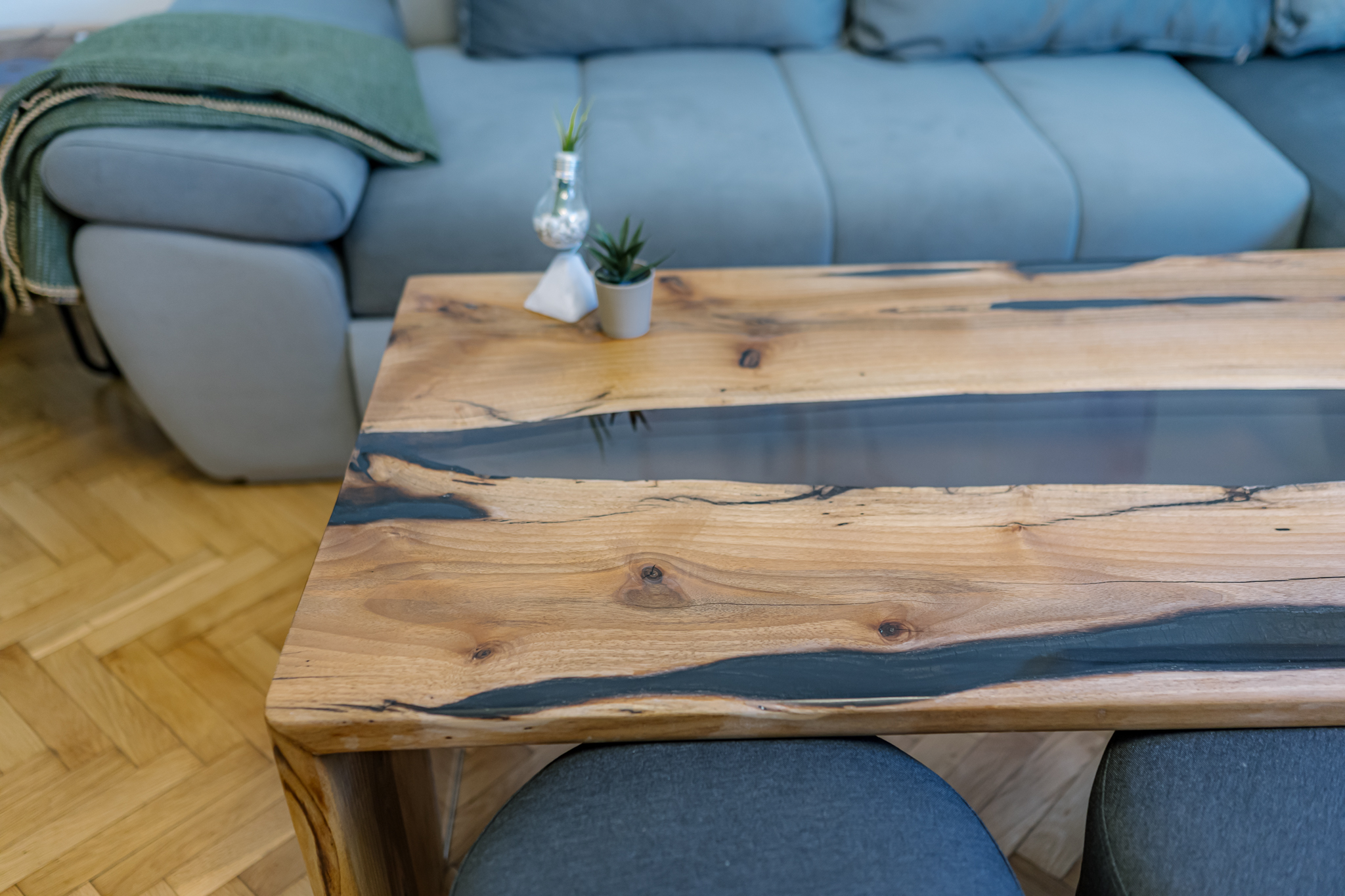 Charcoal burned table with clear epoxy